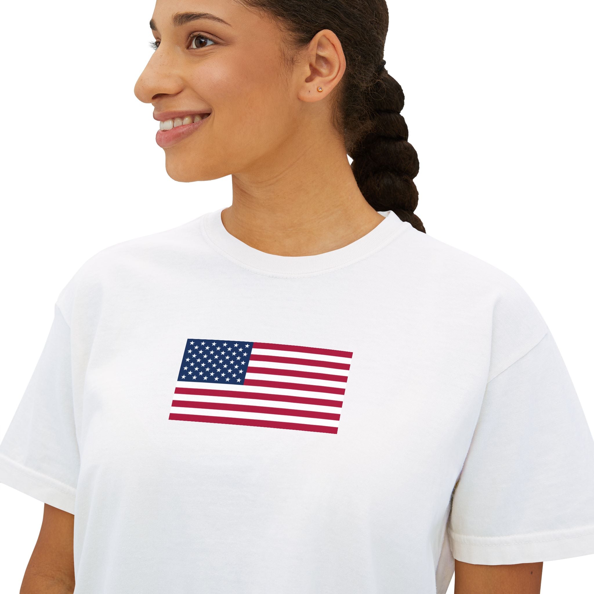 American Flag Crop T-Shirt for Women | USA Back Print Boxy Tee