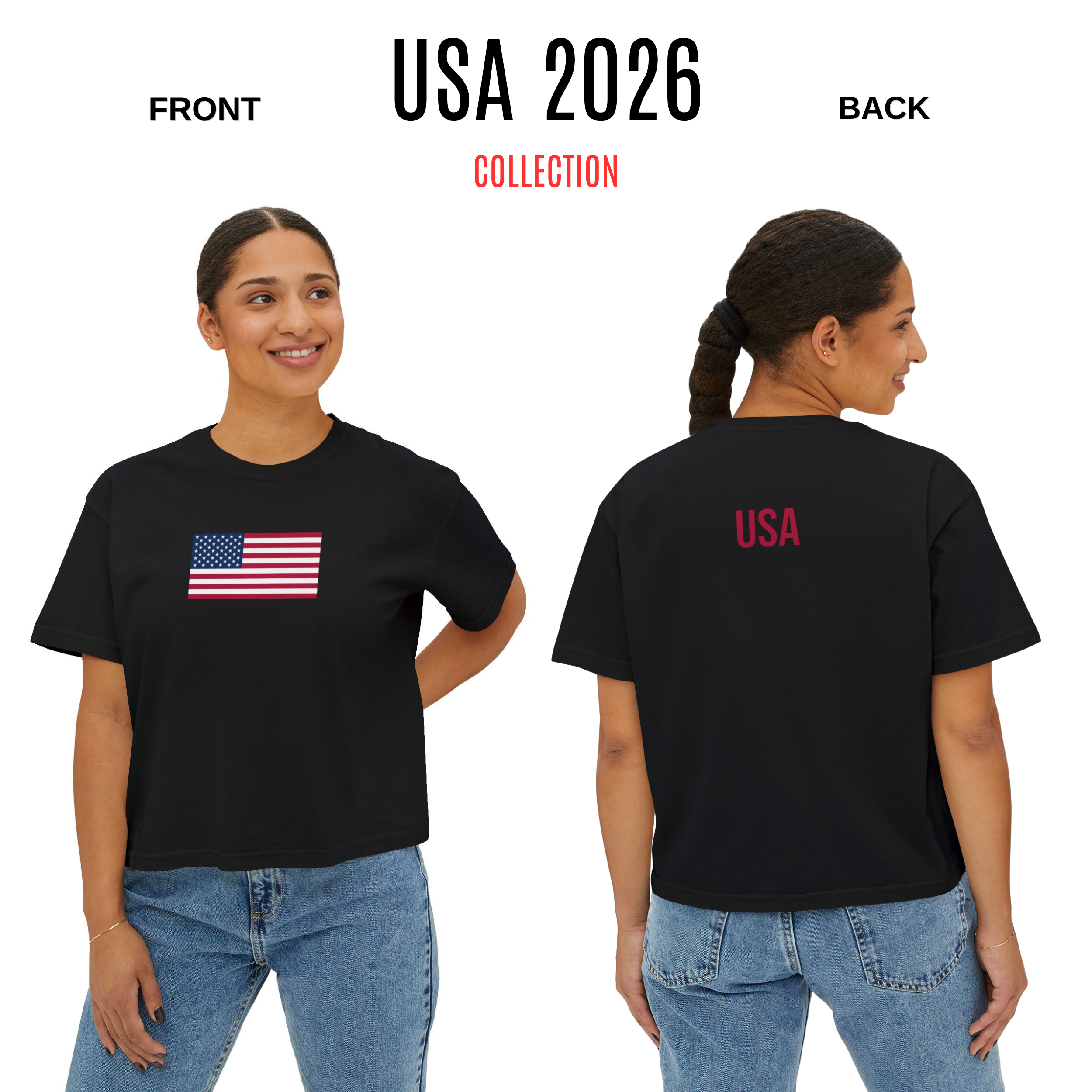 American Flag Crop T-Shirt for Women | USA Back Print Boxy Tee