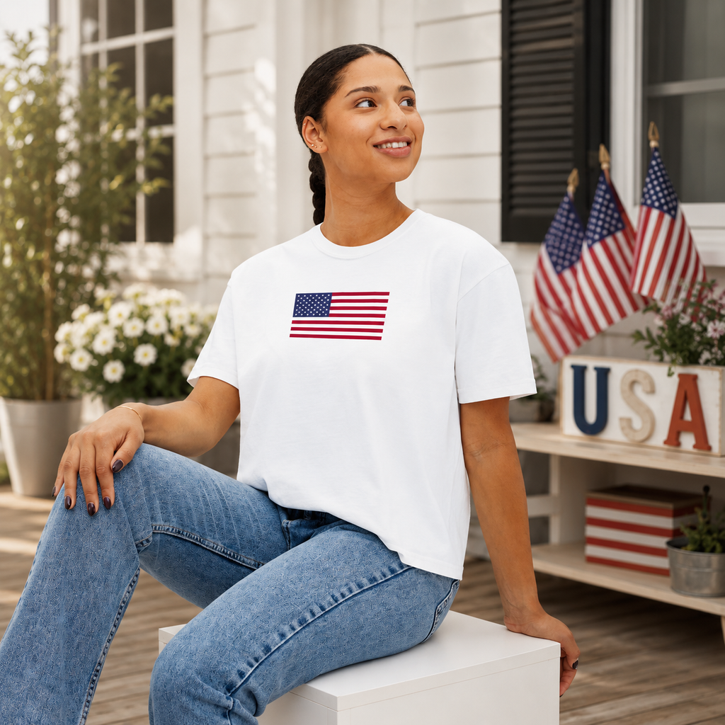American Flag Crop T-Shirt for Women | USA Back Print Boxy Tee