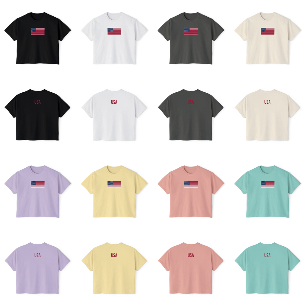 American Flag Crop T-Shirt for Women | USA Back Print Boxy Tee