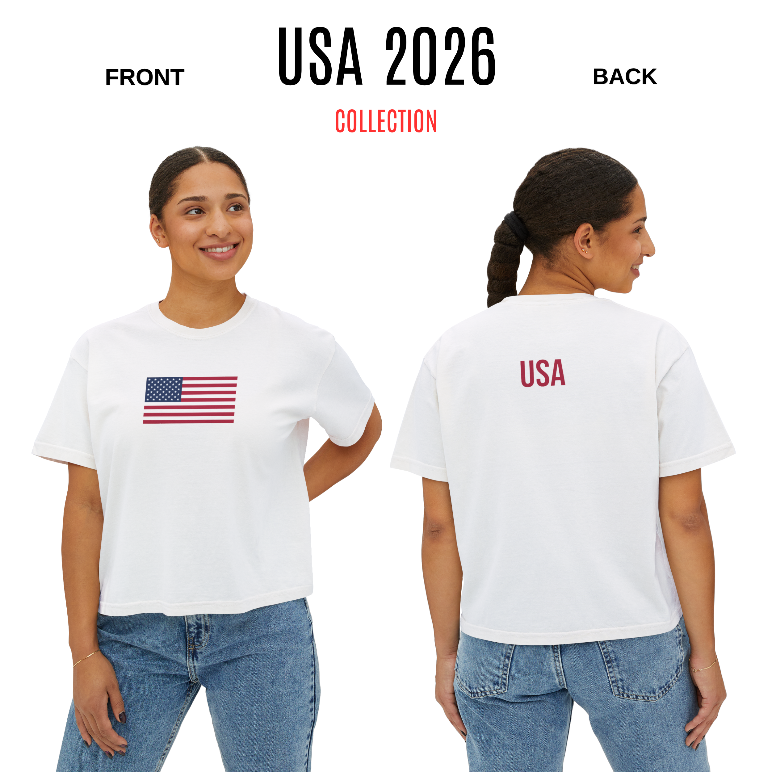 American Flag Crop T-Shirt for Women | USA Back Print Boxy Tee