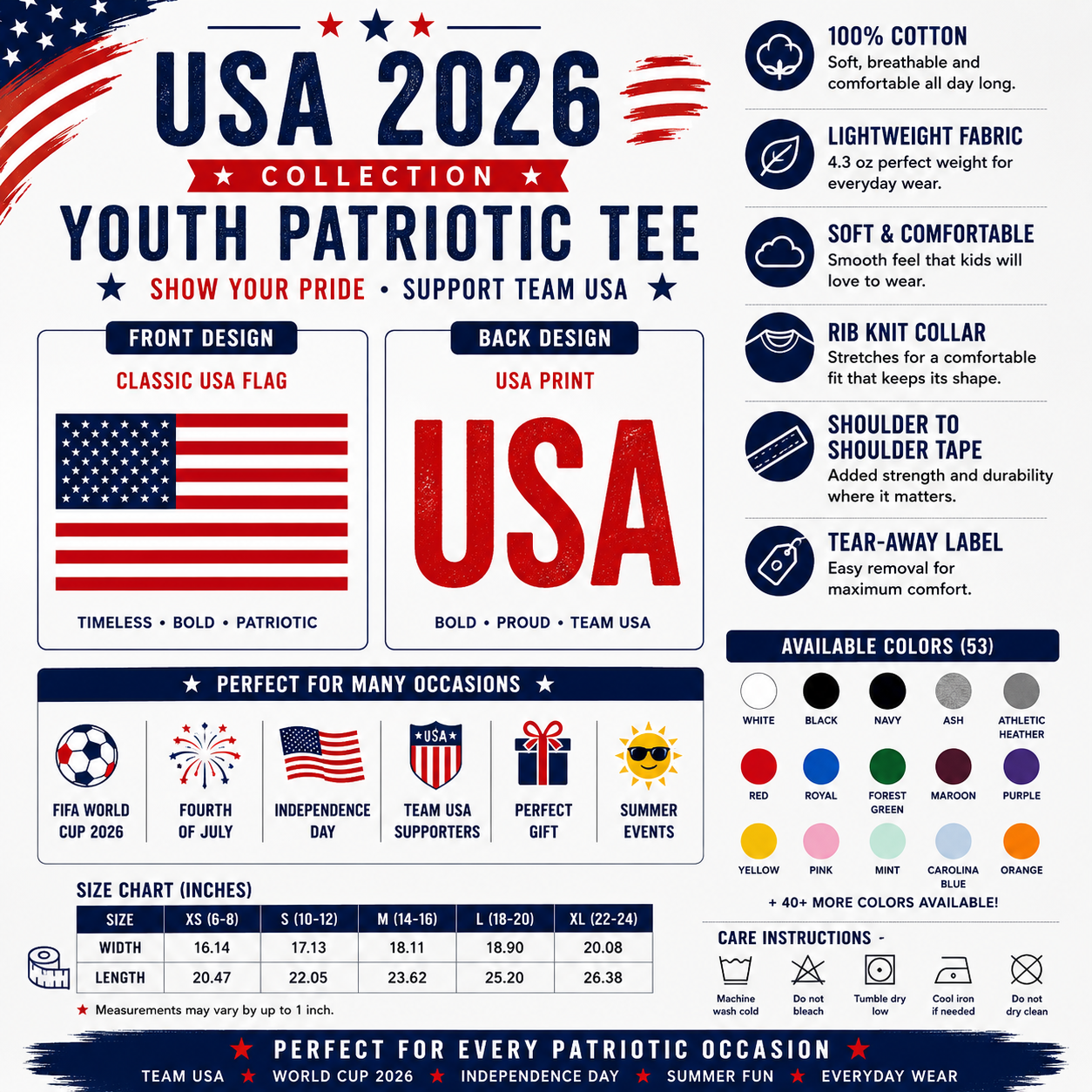 American Flag Youth Tee | USA Back Print Shirt for Boys & Girls