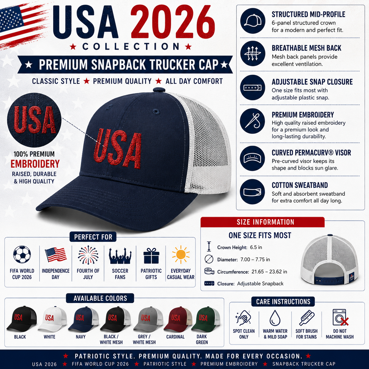 USA Embroidered Trucker Hat | Patriotic Snapback Cap for Fourth of July