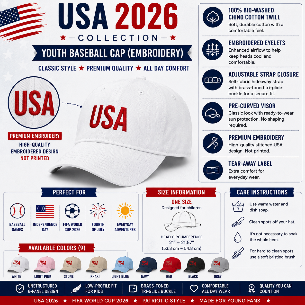 Kids USA Embroidered Cap | Patriotic Baseball Hat for Boys & Girls