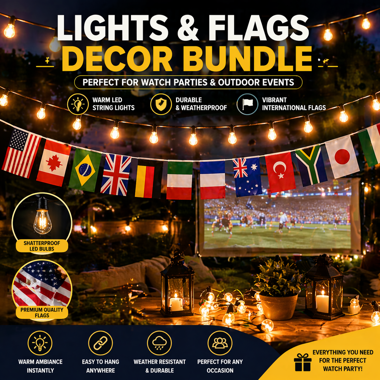 Watch Party Decoration Kit | Lights & Flags Set
